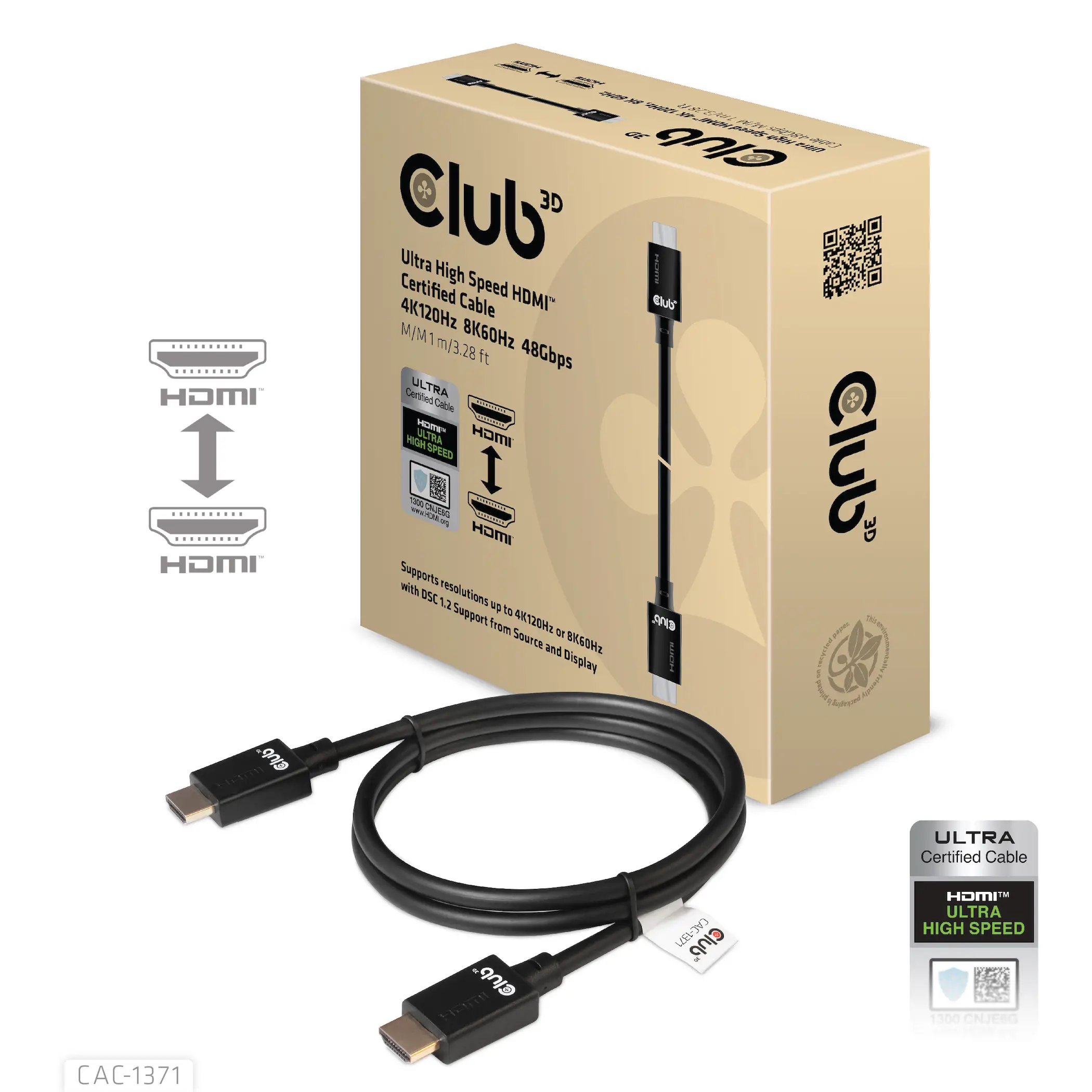 CLUB3D Ultra High Speed HDMI 4K120Hz, 8K60Hz Certified Cable 48Gbps M/M 1 m/3.28 ft CAC-1371