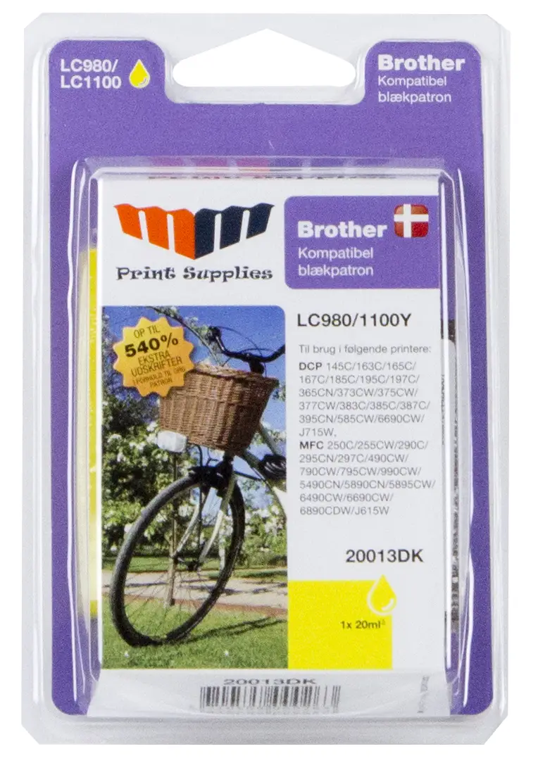 MM Yellow Inkjet Cartridge - Replaces Brother LC980Y & LC1100Y - 100% Extra ink compared to OEM 20013DK
