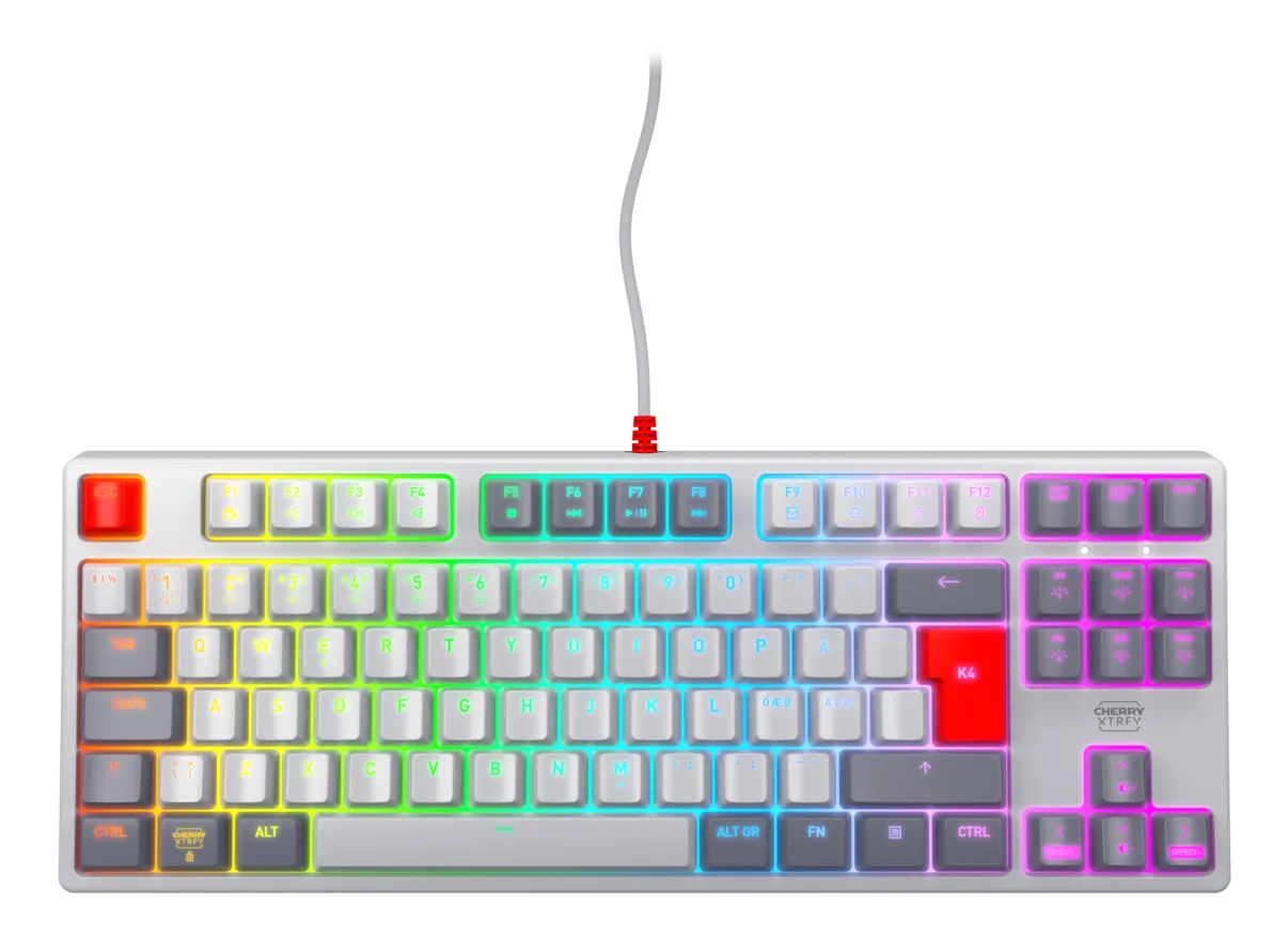 CHERRY K4V2 TKL klavye Oyun USB QWERTY İskandinav Gri, Açık Gri, Kırmızı