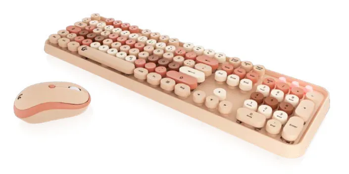 KeySonic KSKM-8200M-RF (DE) klavye Fare dahil Ofis RF kablosuz QWERTZ Almanca Bej, Kahverengi, Pembe