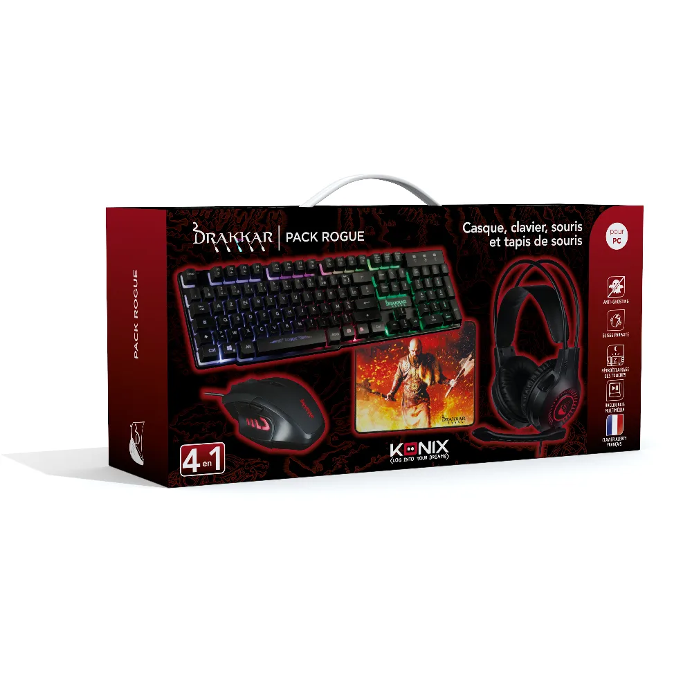 Konix Drakkar KX DK PACK 4 IN 1 ROGUE klavye Fare dahil Oyun USB AZERTY Fransızca Siyah