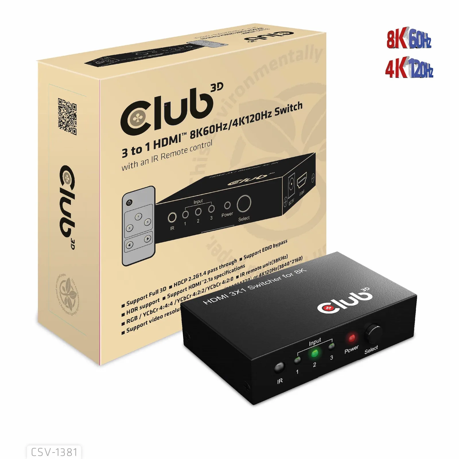 CLUB3D 3 to 1 HDMI 8K60Hz Switch CSV-1381