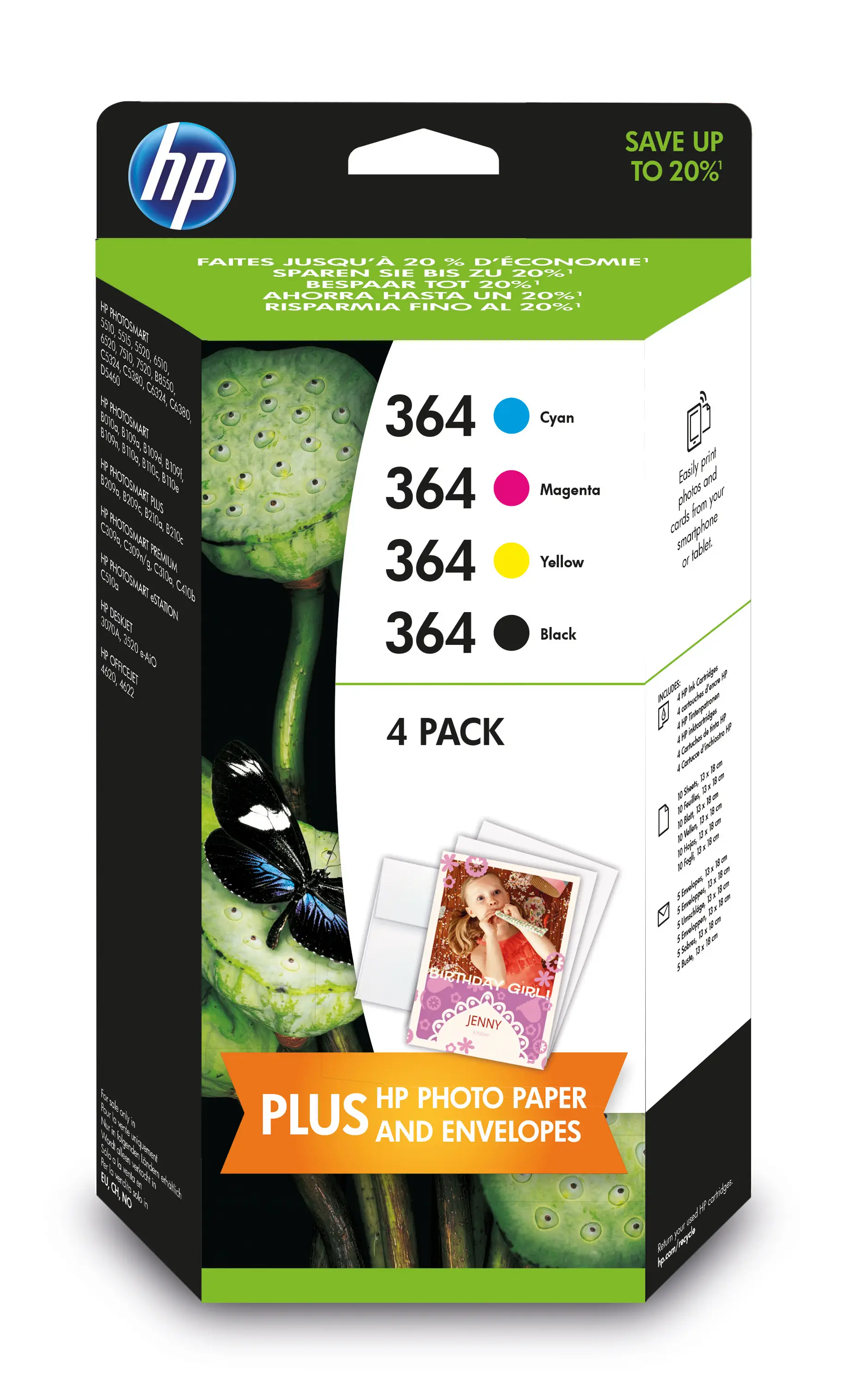 HP 364 4-pack Black/Cyan/Magenta/Yellow Original Ink Cartridges J3M82AE