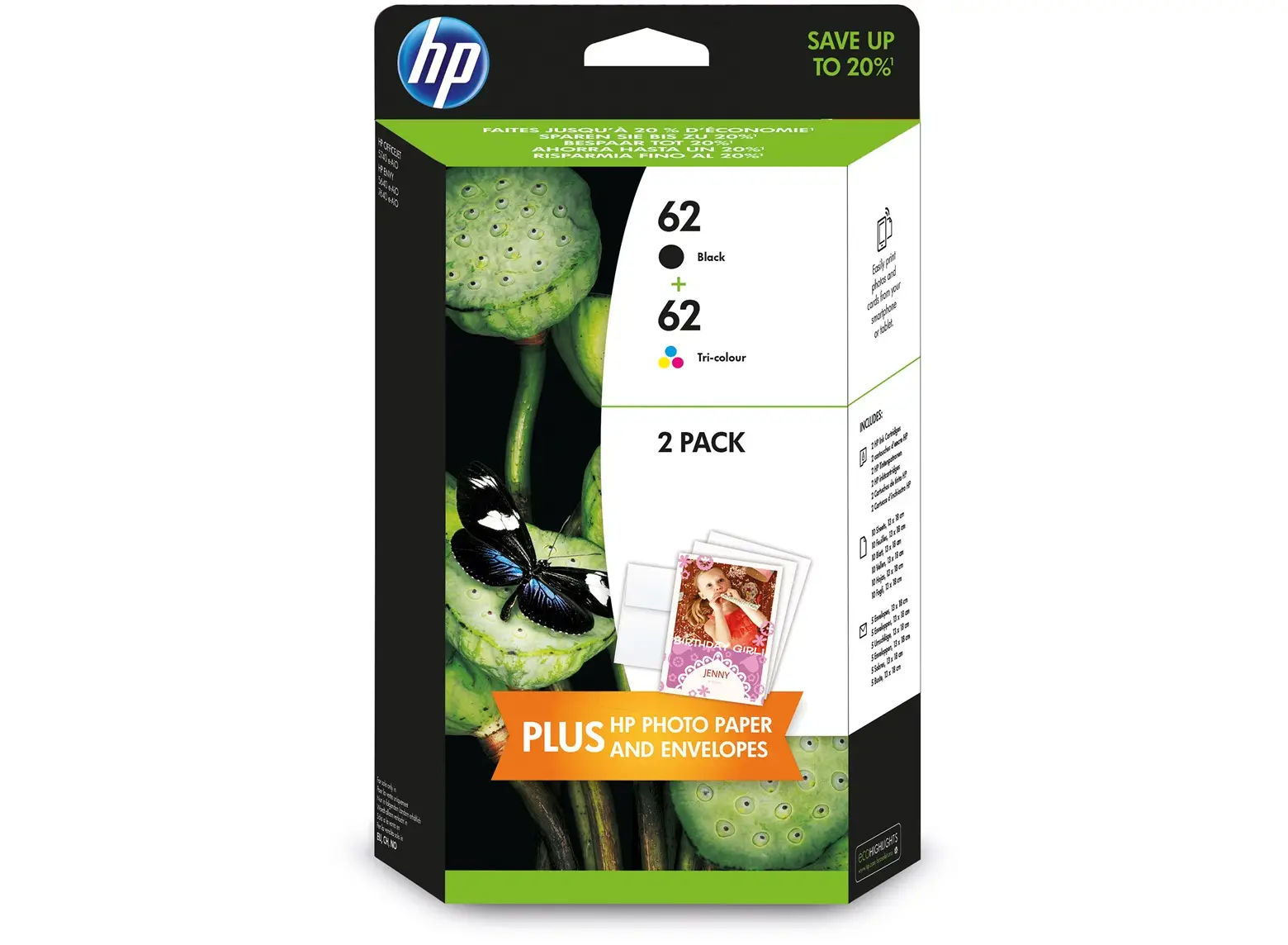 HP 62 2-pack Black/Tri-color Original Ink Cartridges J3M80AE