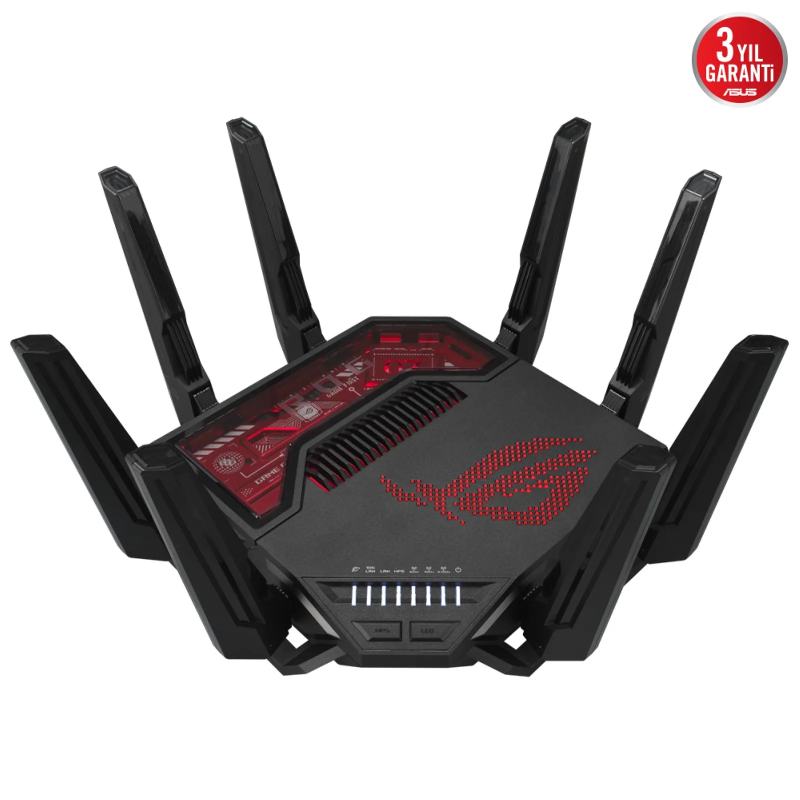 ASUS ROG Rapture GT-BE19000 kablosuz yönlendirici Multi-Gigabit Ethernet Üç bantlı (2,4 GHz / 5 GHz / 6 GHz) Siyah, Kırmızı