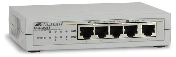Allied Telesis 10/100/1000T x 5 ports unmanaged Gigabit Switch w/ ext PSU & plastic enclosure, EU power cord AT-GS900/5E-50