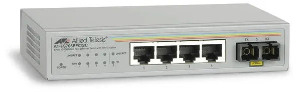 Allied Telesis 10/100TX x 4 ports plus 1x 100FX(SC) unmanaged Fast Ethernet Switch w/ External PSU AT-FS705EFCSC