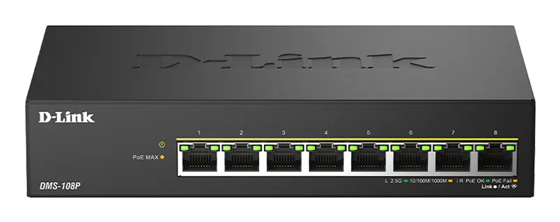 D-Link DMS-108P/E ağ anahtarı Yönetilmeyen 2.5G Ethernet (100/1000/2500) Ethernet üzerinden güç desteği (PoE) Siyah