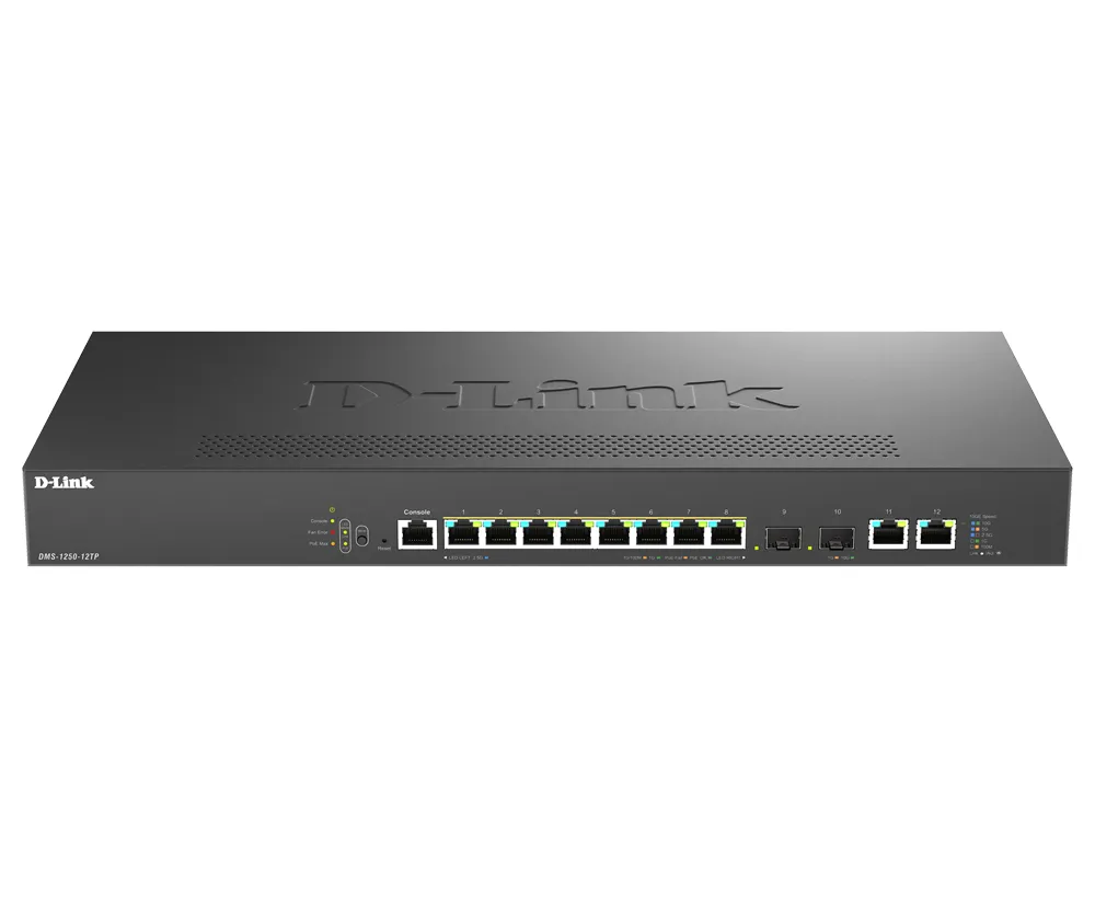 D-Link DMS-1250-12TP/E ağ anahtarı Gözetilmiş 2.5G Ethernet (100/1000/2500) Ethernet üzerinden güç desteği (PoE) Siyah