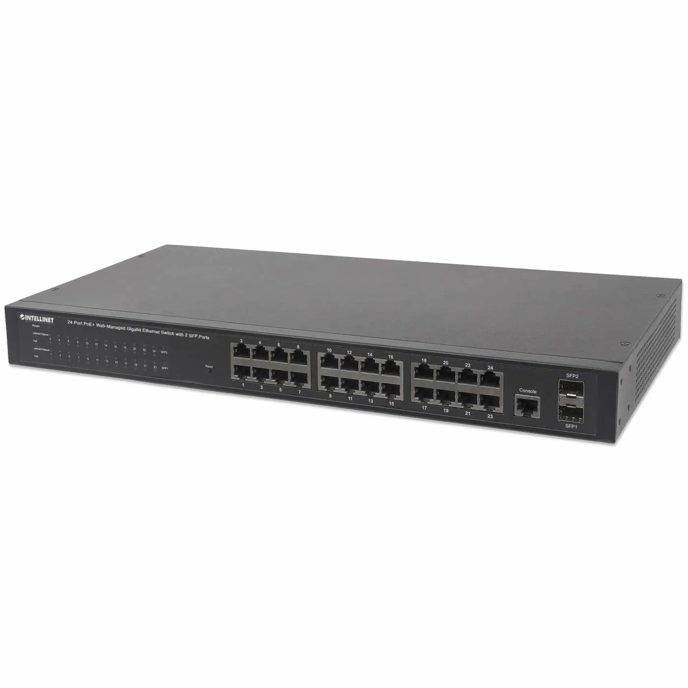 Intellinet 24-Port Gigabit Ethernet PoE+ Web-Managed Switch with 2 SFP Ports, 24 x PoE ports, IEEE 802.3at/af Power over Ethernet (PoE+/PoE), 2 x SFP, Endspan, 19" Rackmount 560559