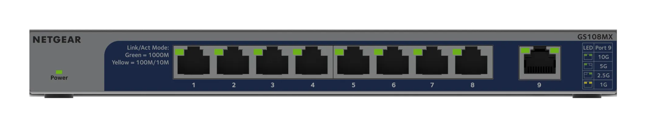 NETGEAR GS108MX-100EUS ağ anahtarı Yönetilmeyen L2 Gigabit Ethernet (10/100/1000) Masaüstü/Duvara Monte