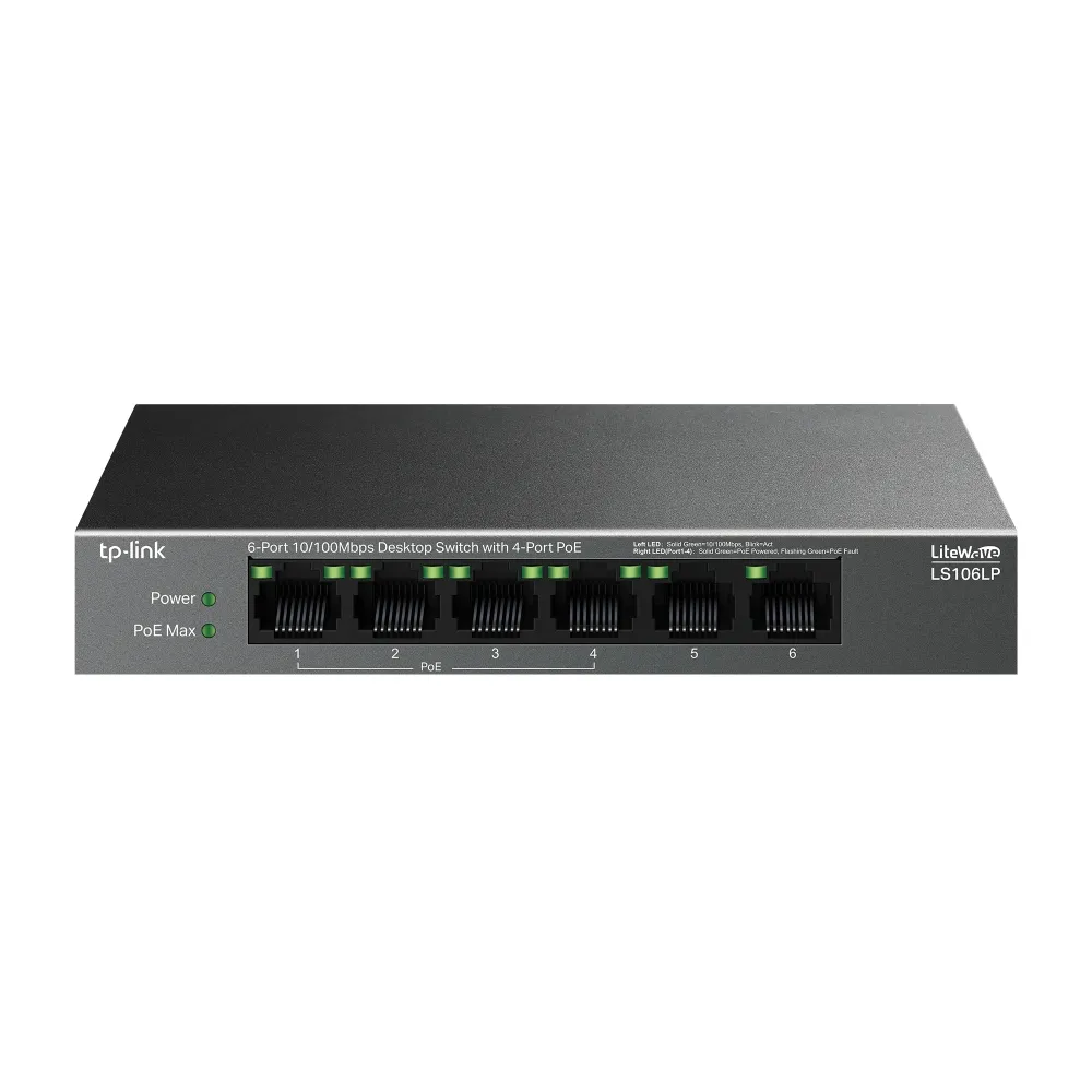 TP-Link LiteWave LS106LP ağ anahtarı Yönetilmeyen Fast Ethernet (10/100) Ethernet üzerinden güç desteği (PoE) Siyah