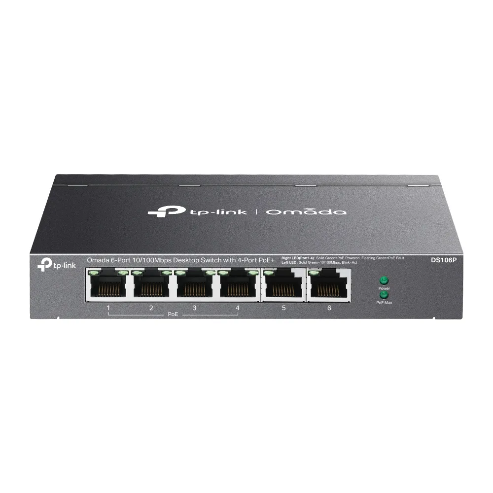 TP-Link Omada DS106P ağ anahtarı Yönetilmeyen Fast Ethernet (10/100) Ethernet üzerinden güç desteği (PoE) Siyah