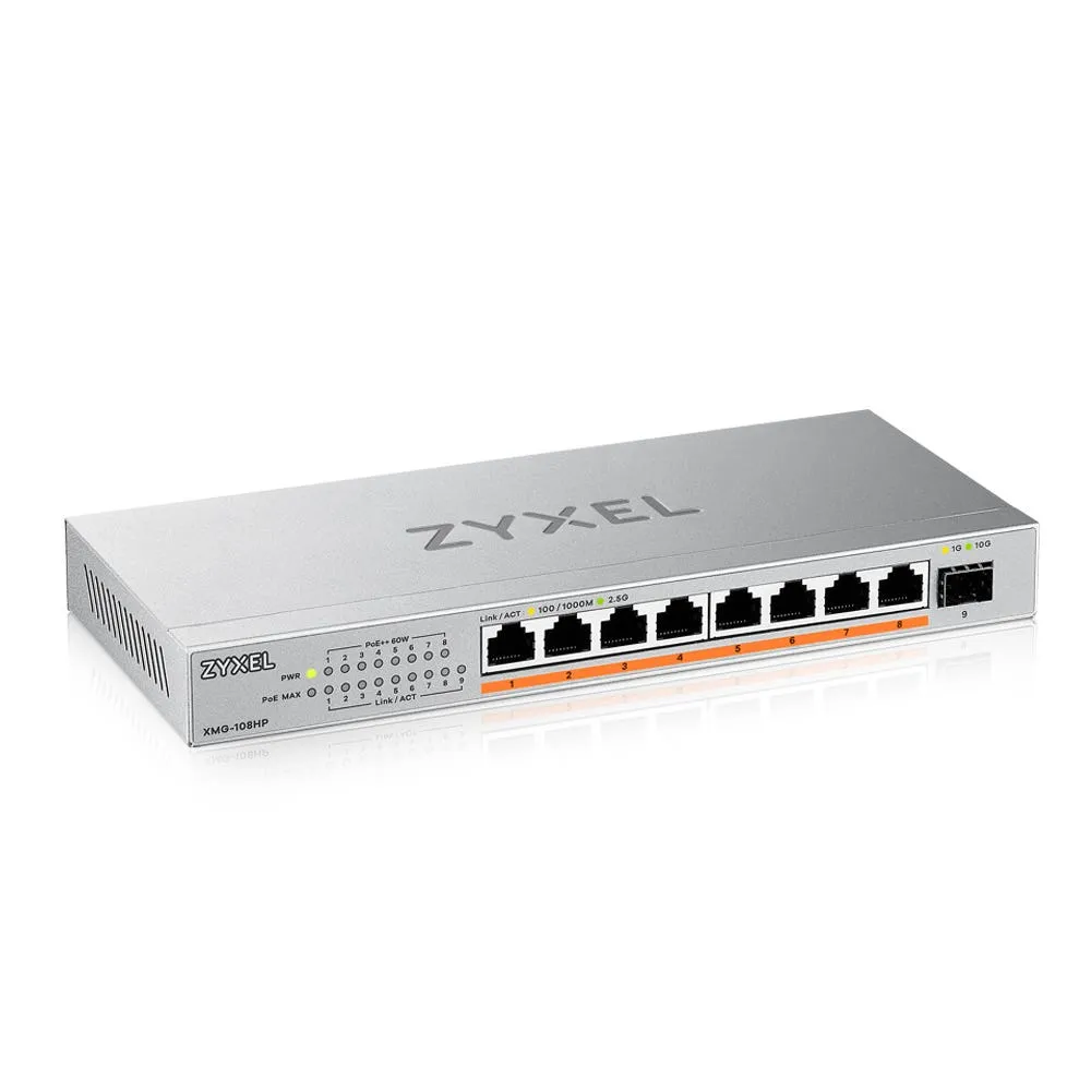 Zyxel XMG-108HP Yönetilmeyen 2.5G Ethernet (100/1000/2500) Ethernet üzerinden güç desteği (PoE)
