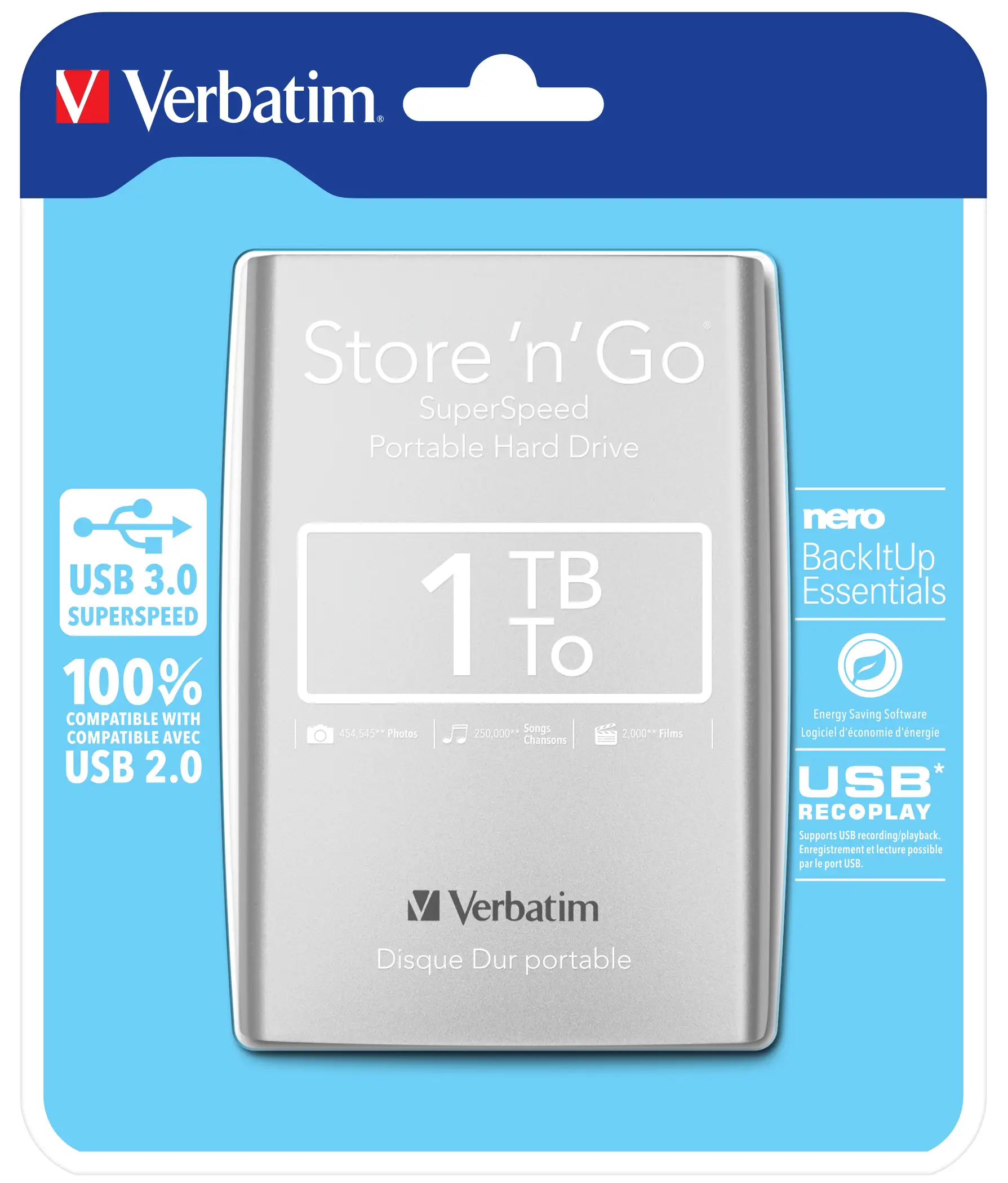 Verbatim Store 'n' Go USB 3.0 Portable Hard Drive 1TB Silver 53071