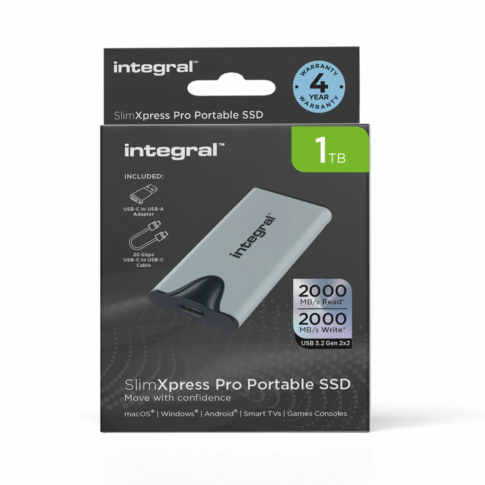 Integral SlimXpress Pro INSSD1TPORT3.2SLIMXS harici SSD Thunderbolt teknolojisi 1 TB USB C Tipi USB 3.2 Gen 2x2 Gümüş