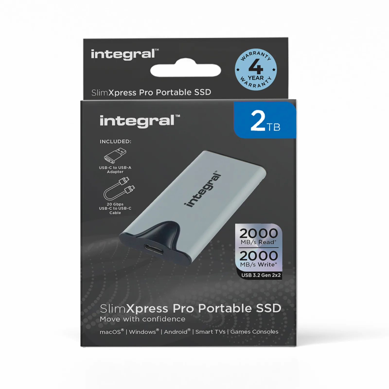 Integral SlimXpress Pro INSSD2TPORT3.2SLIMXS harici SSD Thunderbolt teknolojisi 2 TB USB C Tipi USB 3.2 Gen 2x2 Gümüş