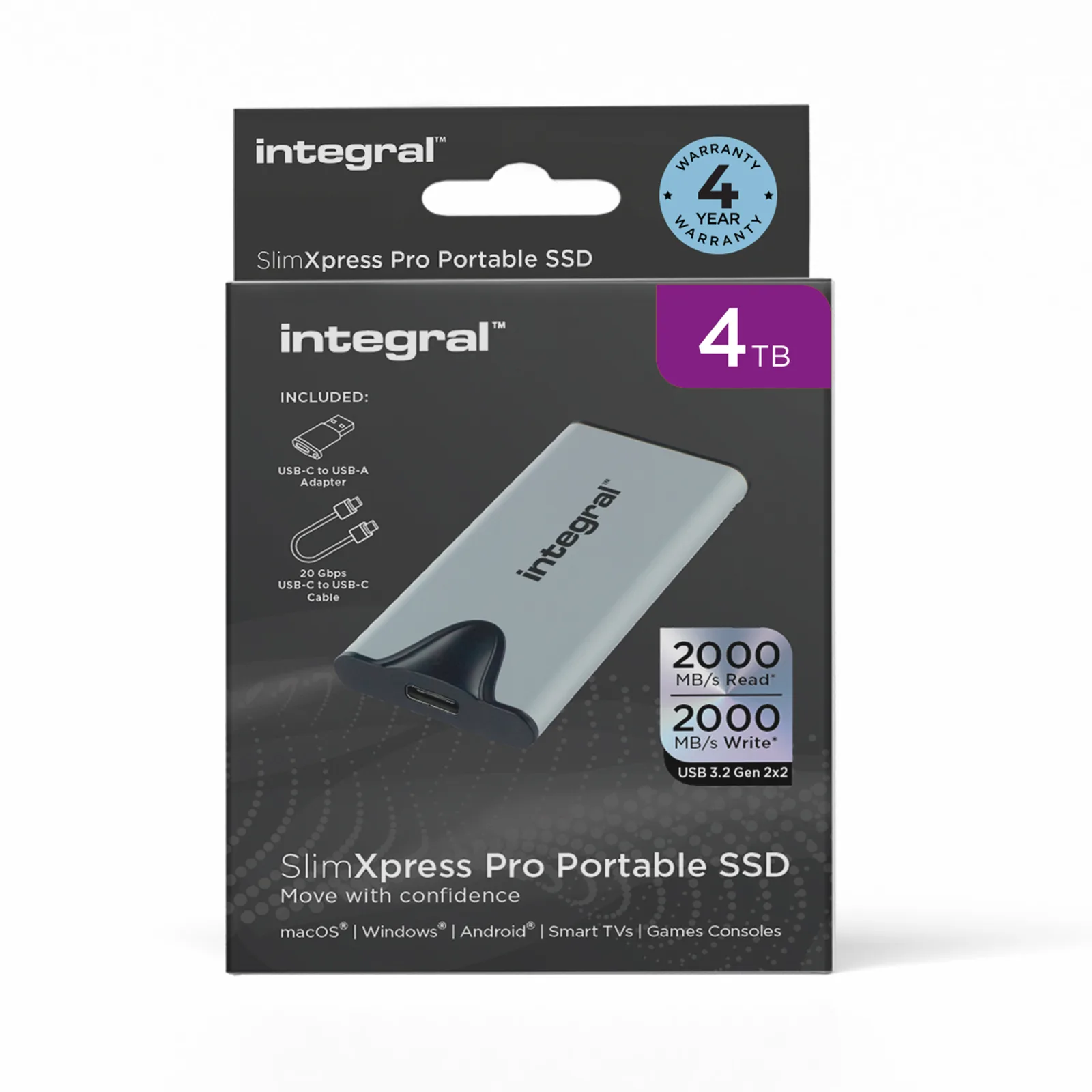Integral SlimXpress Pro INSSD4TPORT3.2SLIMXS harici SSD Thunderbolt teknolojisi 4 TB USB C Tipi USB 3.2 Gen 2x2 Gümüş