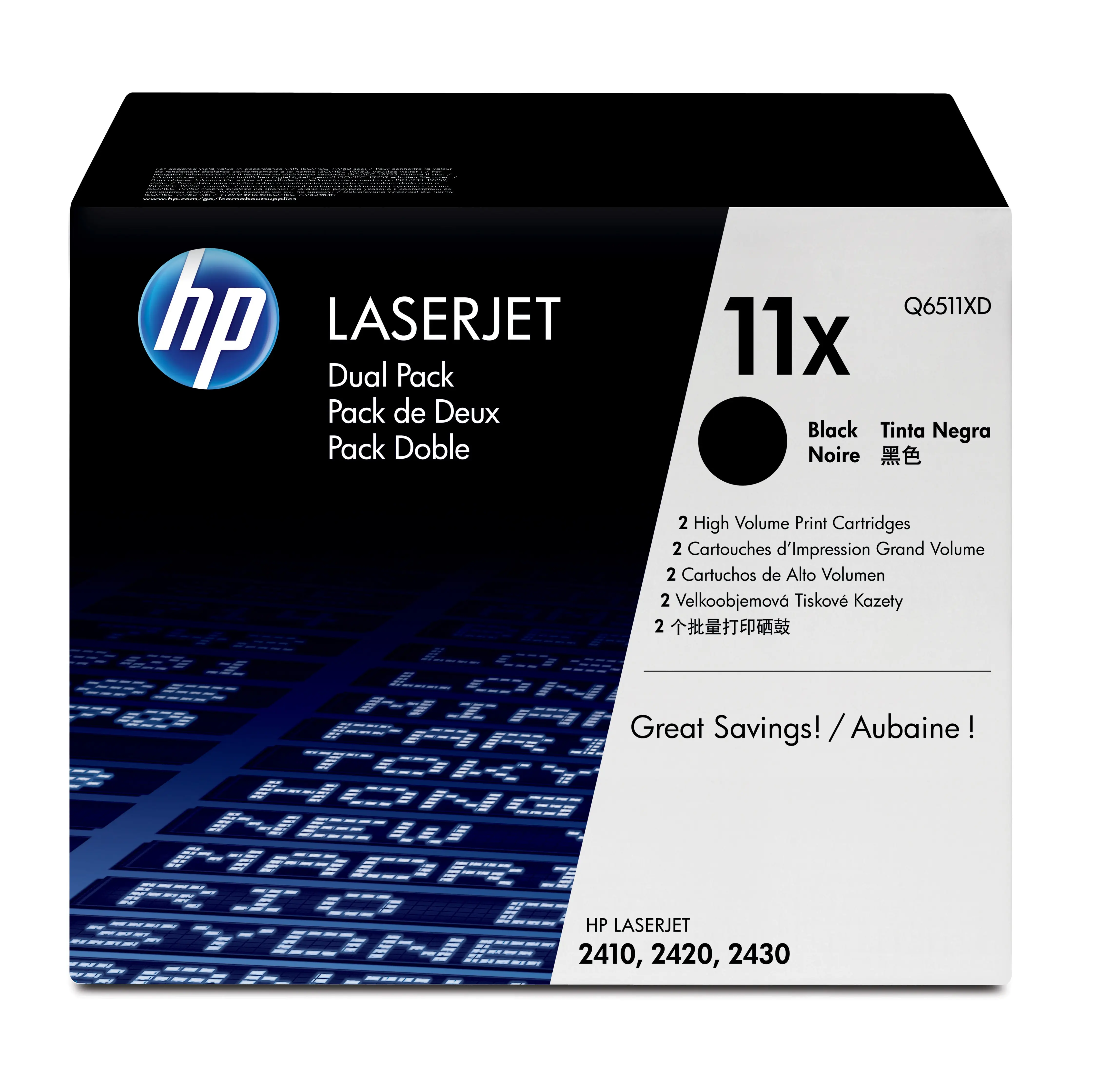 HP 11X 2-pack High Yield Black Original LaserJet Toner Cartridges Q6511XD