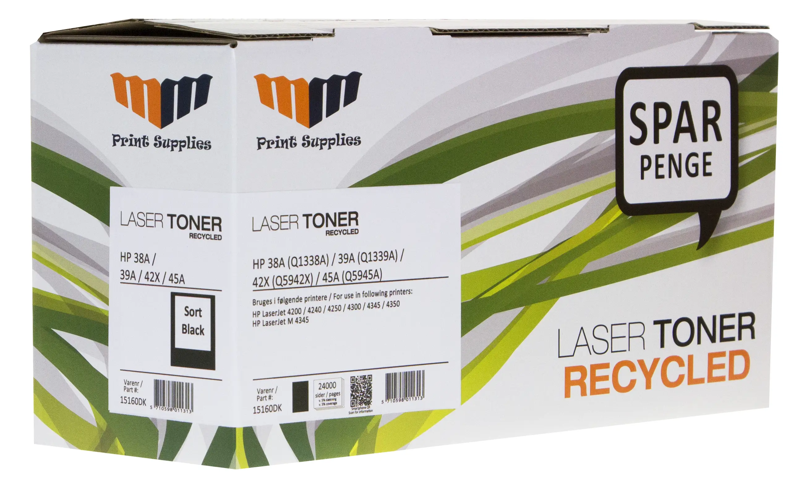 MM Black Laser Toner - HP 38A (Q1338A) / 39A (Q1339A) / 42X (Q5942X) / 45A (Q5945A) - For HP LaserJet 15160DK