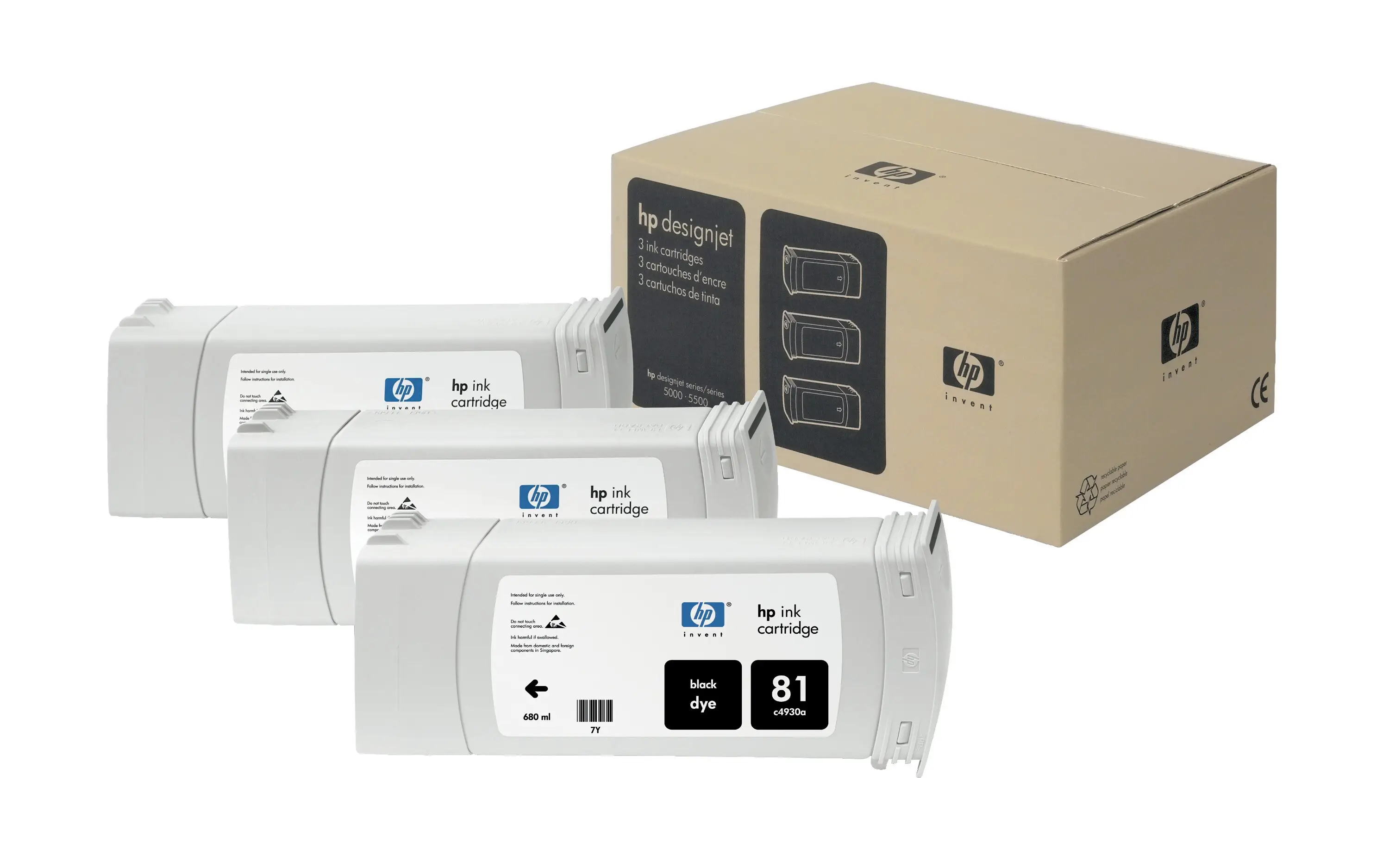 HP 81 3-pack 680-ml Black Dye Cartridges C5066A